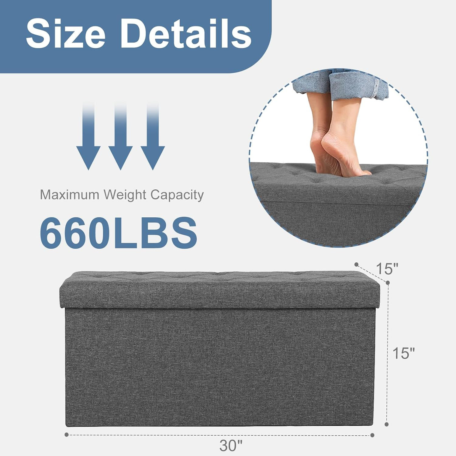 Ottoman with Storage Bench-30 Inches Small Folding Foot Rest Stool with Thicker