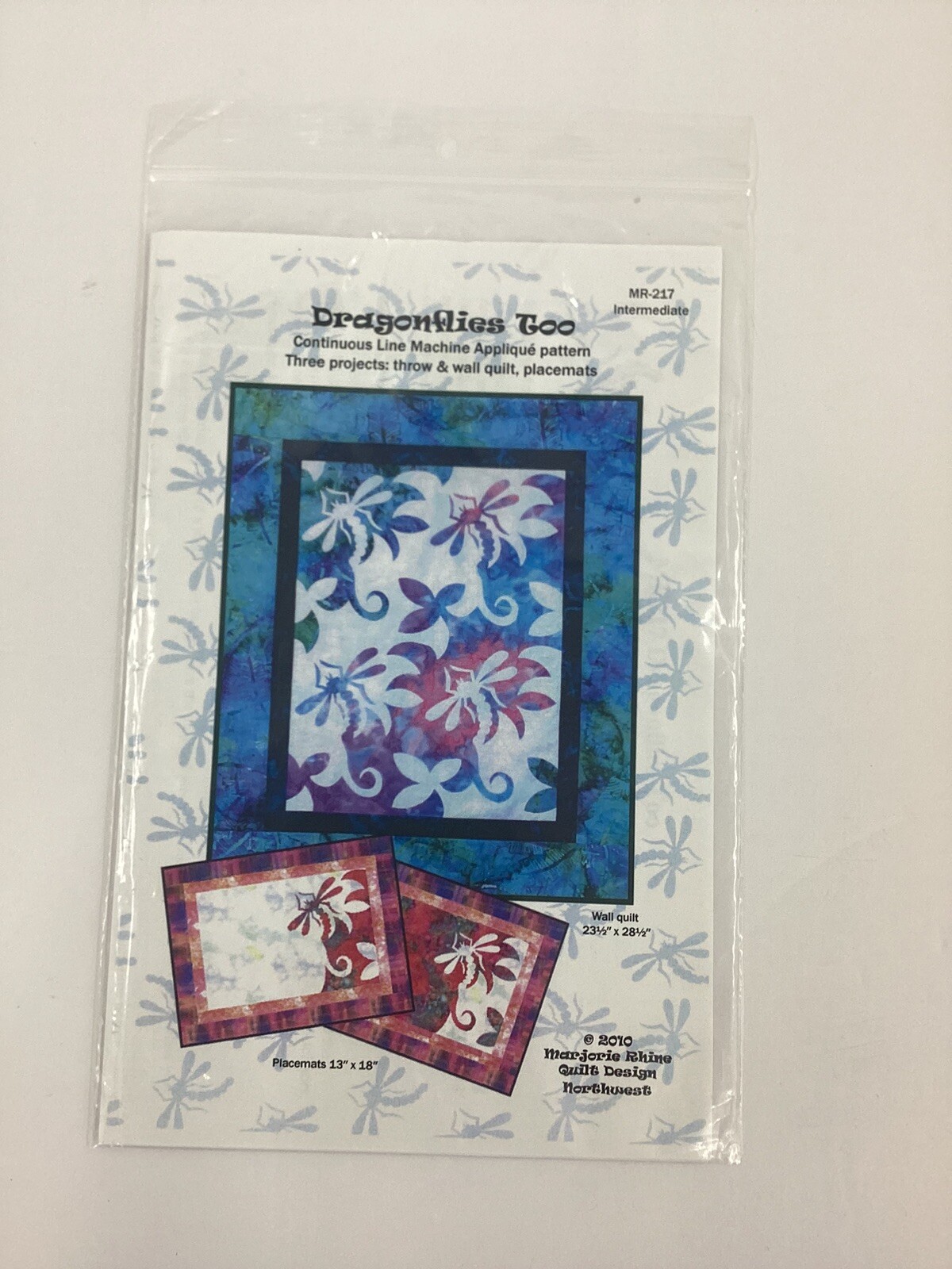 Marjorie Rhine DRAGONFLIES TOO Throw Wall Quilt & Placemats Appliqué MR-217