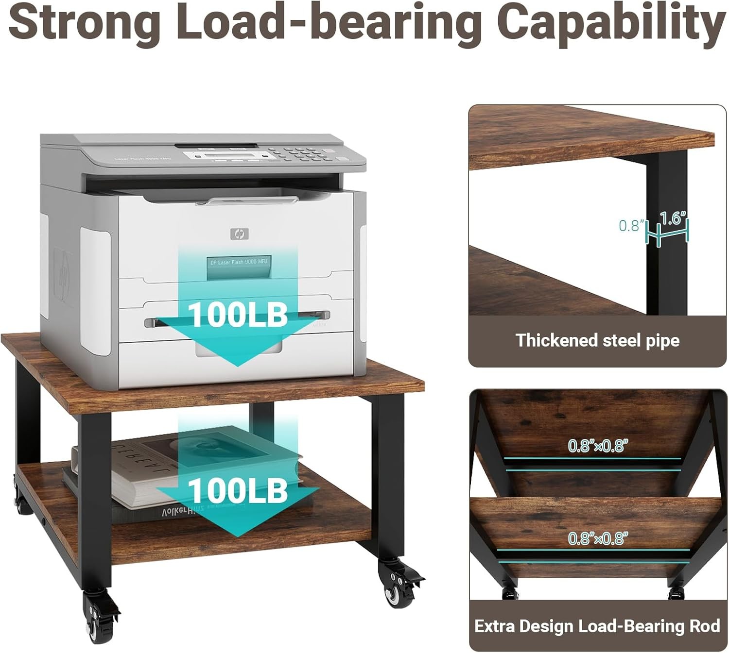 2 Tier Laser Printer Stand,19.7''x19.7''x12.6'' Large Printer Table Copier Stand