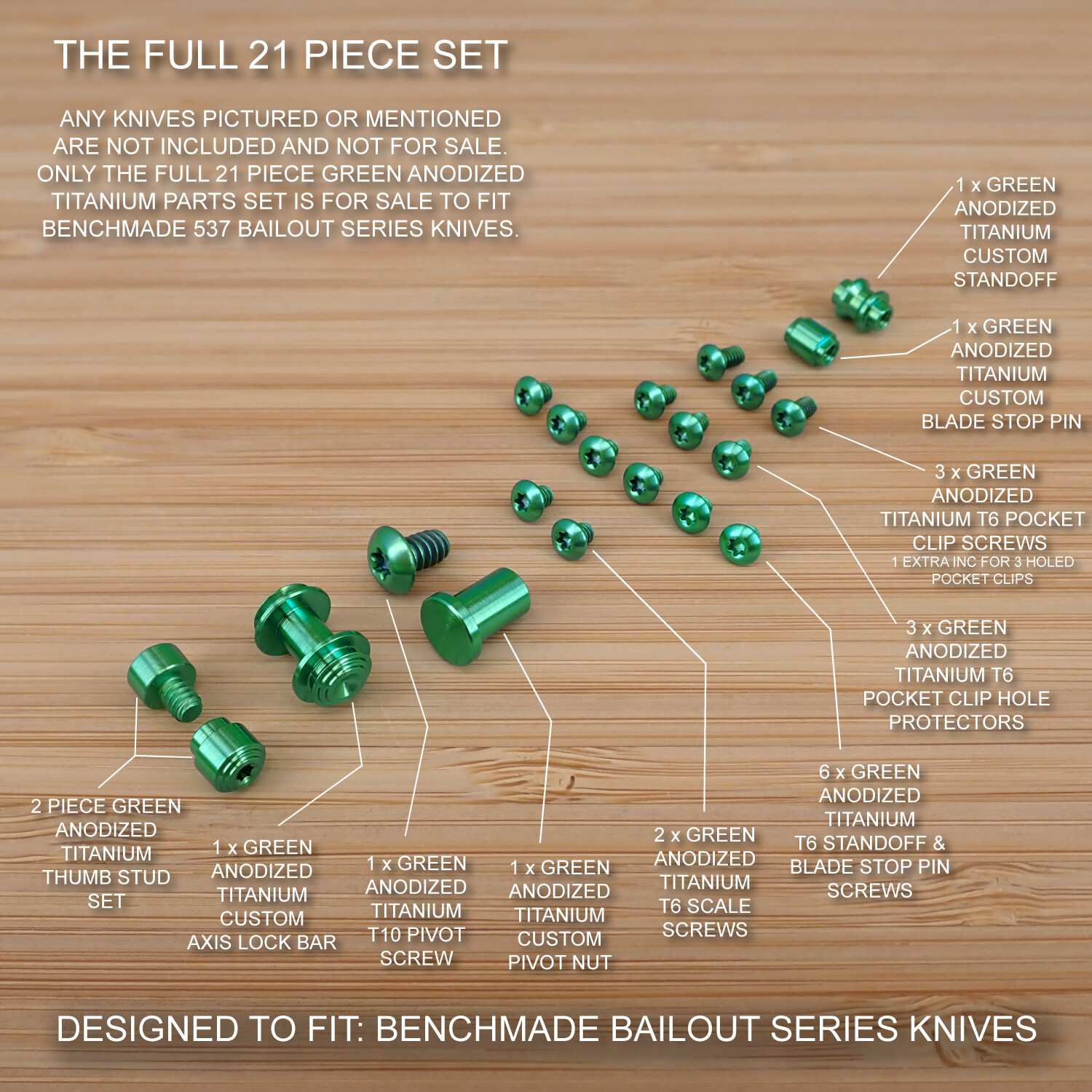 Benchmade 537 BAILOUT 21pc GREEN Titanium Screw Pivot Standoff Pin ThumbStud Set