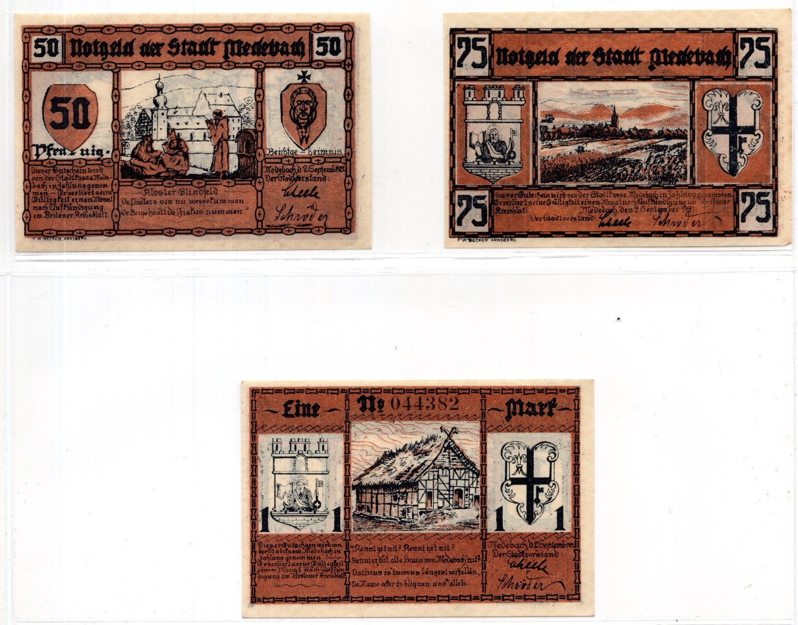 1921 Germany Medebach Notgeld 3 Note Set (2422)