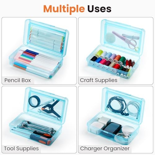 Double Layer Pencil Box, Large Hard Pencil Case Organizer, Clear Plastic Blue