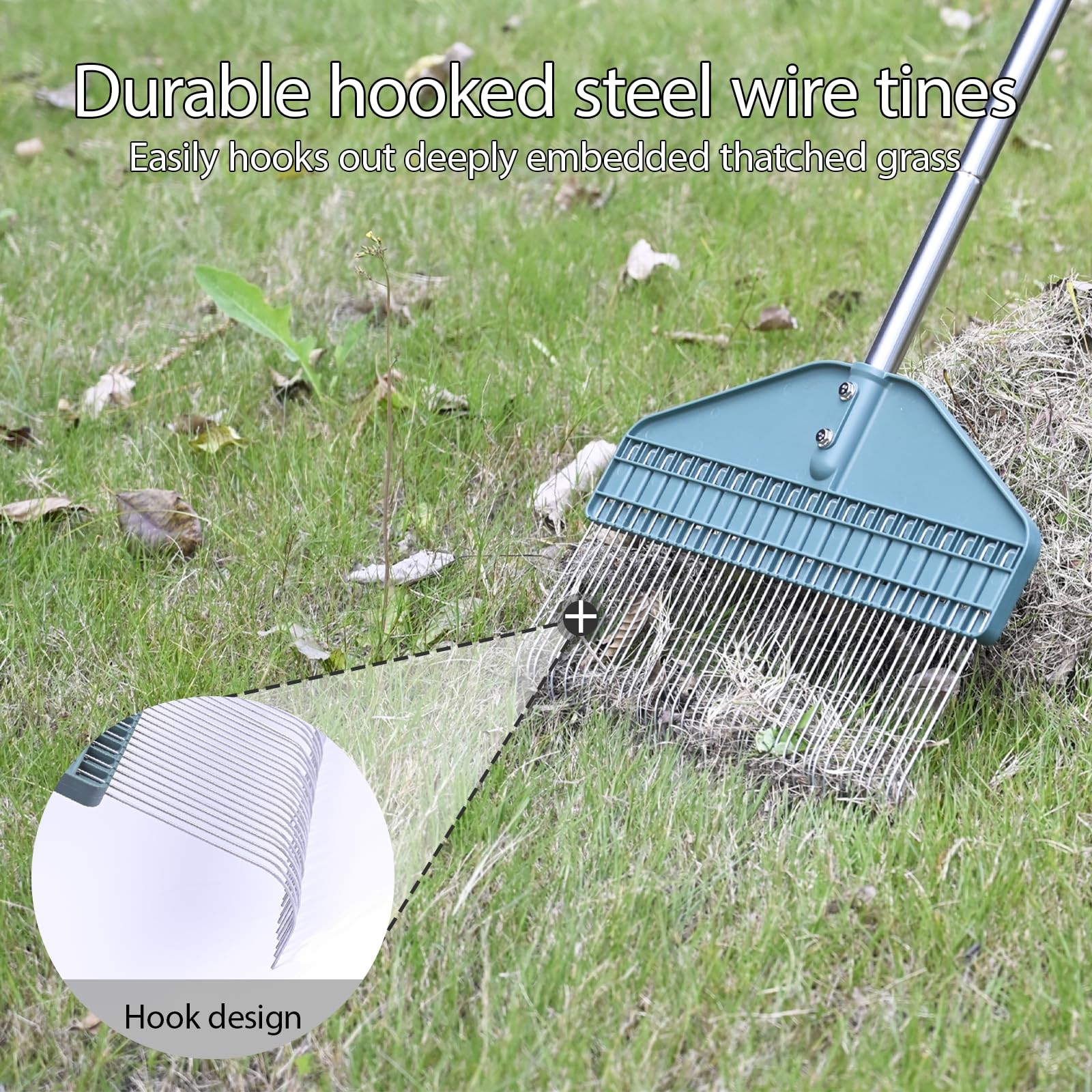 Adjustable Thatch Rake 66" Handle, 17" Durable Dethatcher for Lawn Care