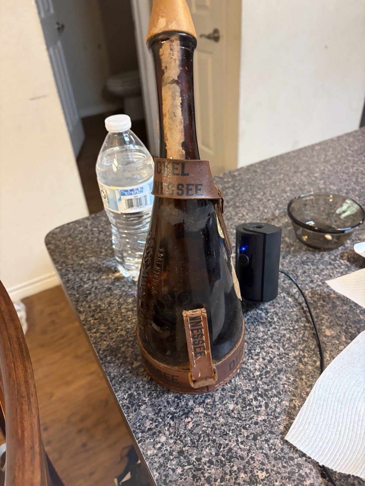 Dixie Vintage Brown Glass Liquor Bottle Decanter w/ Leather Strap & Cork