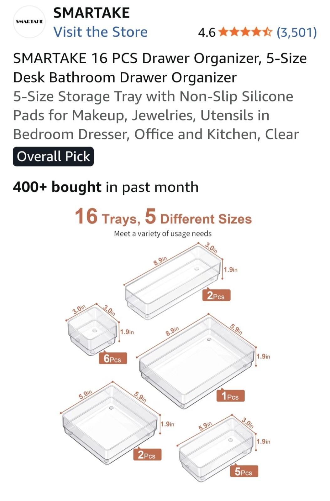 New  16-Pc Clear Acrylic Drawer Organizer Tray Set, 5 Sizes