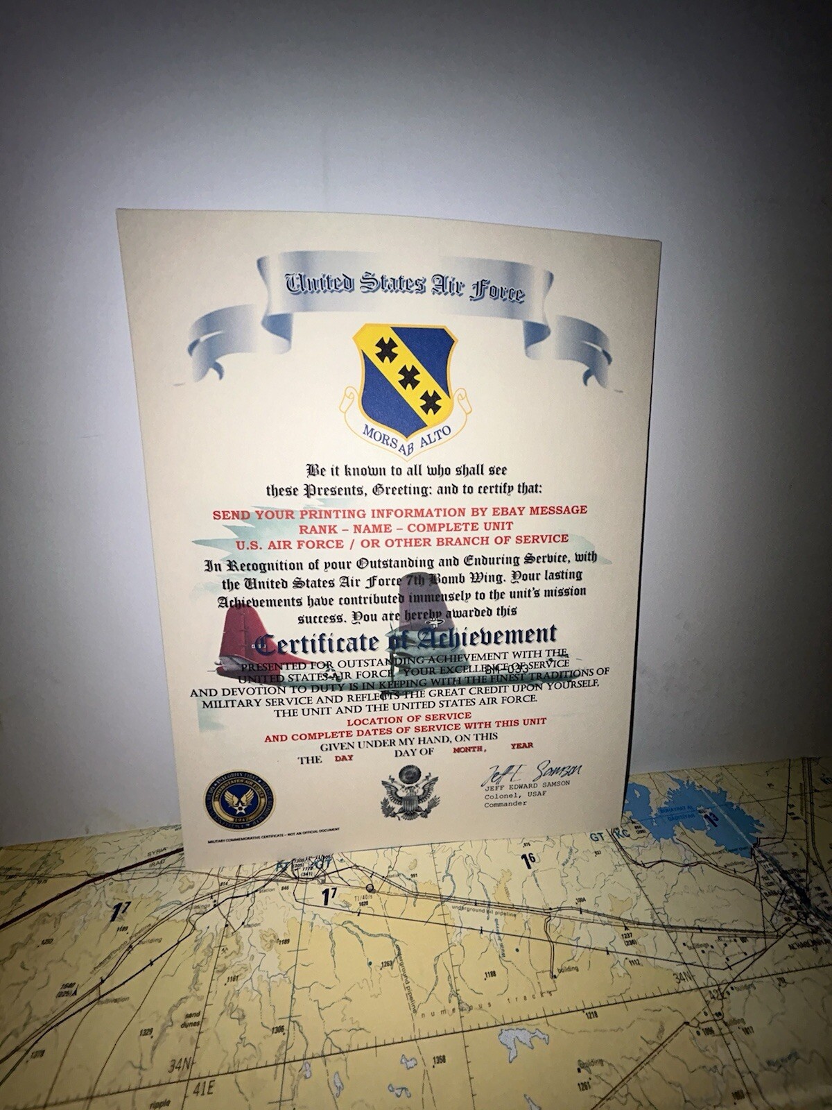U.S.A.F. / AIR FORCE 7TH BOMB WING - CERTIFICATE OF ACHIEVEMENT