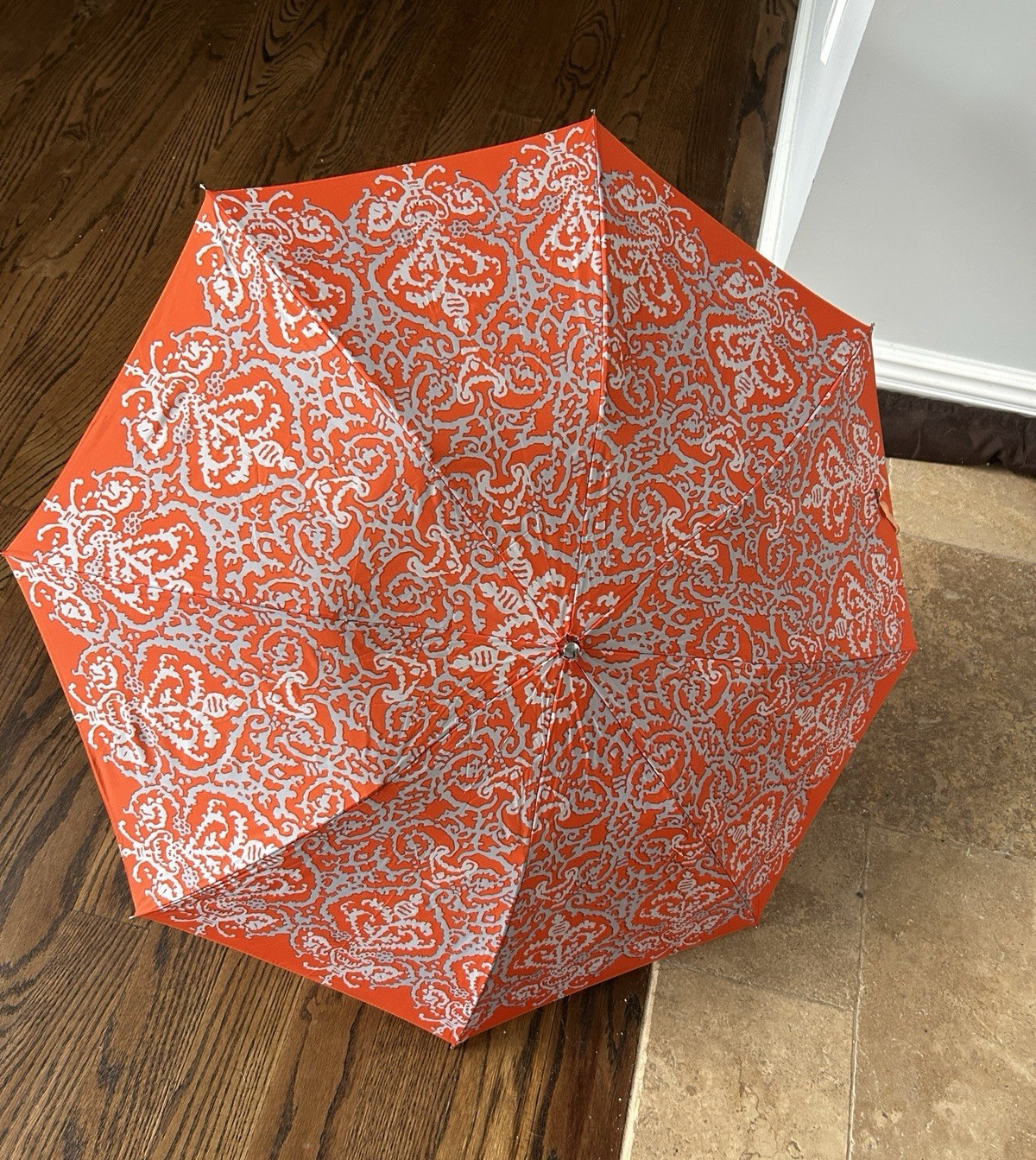 Vintage New Paddy Compact Folding Umbrella Paisley Pattern Orange White Nylon