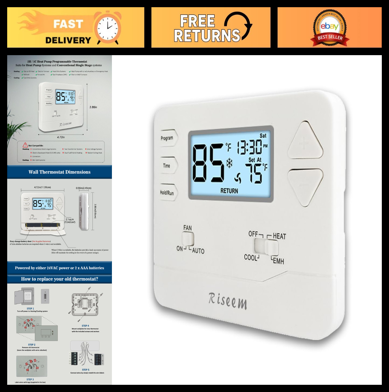 Programmable Heat Pump Thermostat for Home, 2 Heat/1 Cool, Easy DIY Install, Whi