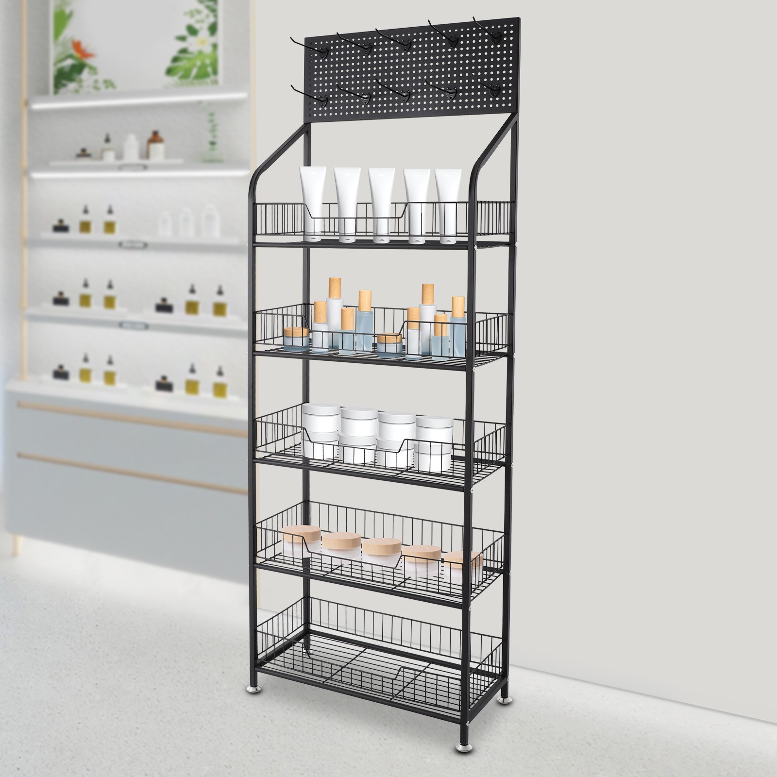 5 Tiers Retail Display Rack Snack Display Organizer Snack Rack Stand with Hooks