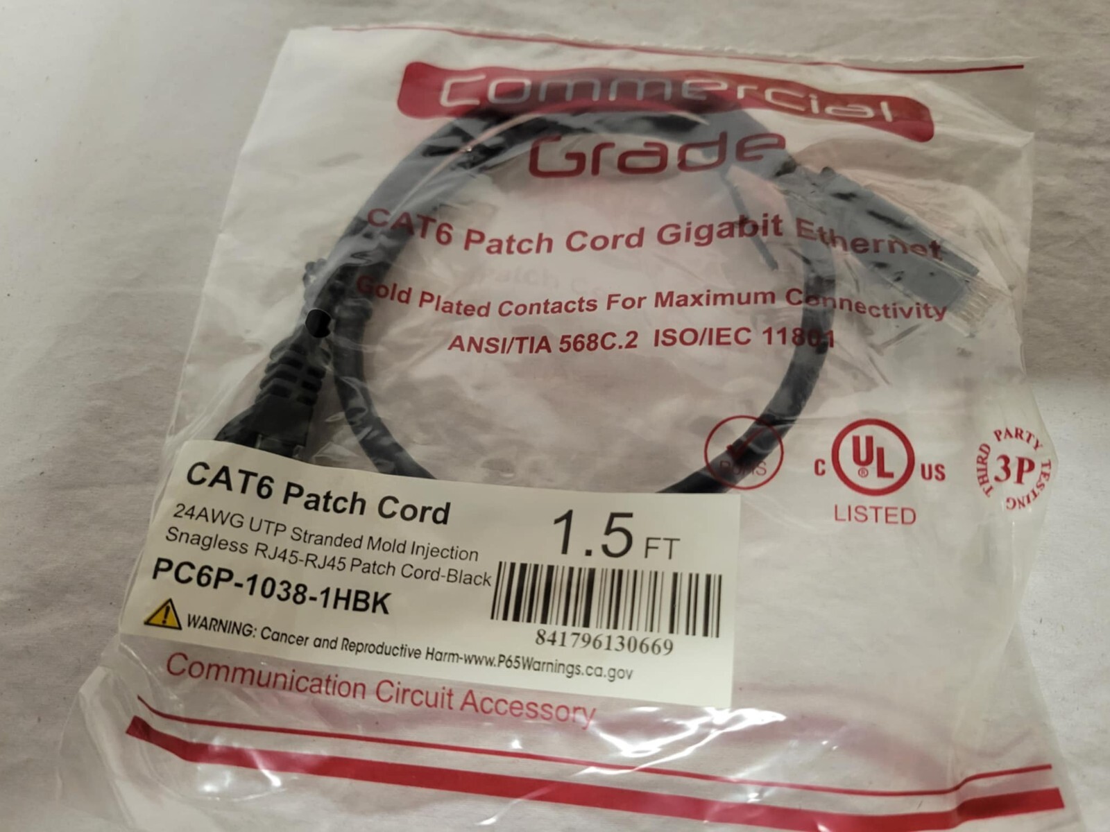 Black Snagless Molded Boot CAT6 Ethernet Patch Cable RJ45-RJ45 1.5f