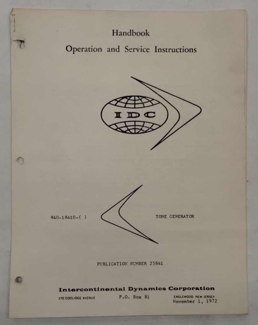 Intercontinental Dynamics 940-18410 Tone Generator Operation & Service Instruct.