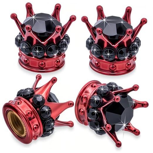 4PCS Crown Bling Tire Stem Valve Caps, Crystal Diamond Car Wheel Red & Black