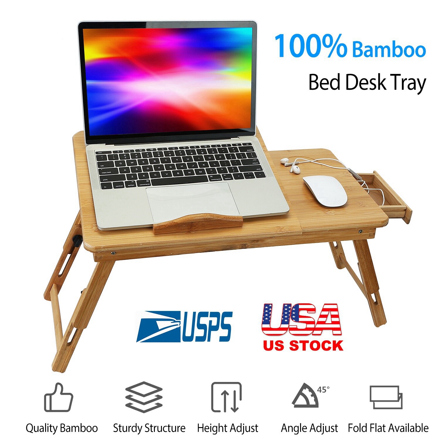 Adjustable Bamboo Laptop Folding Lap Desk Notebook Bed Tray Table Portable Stand
