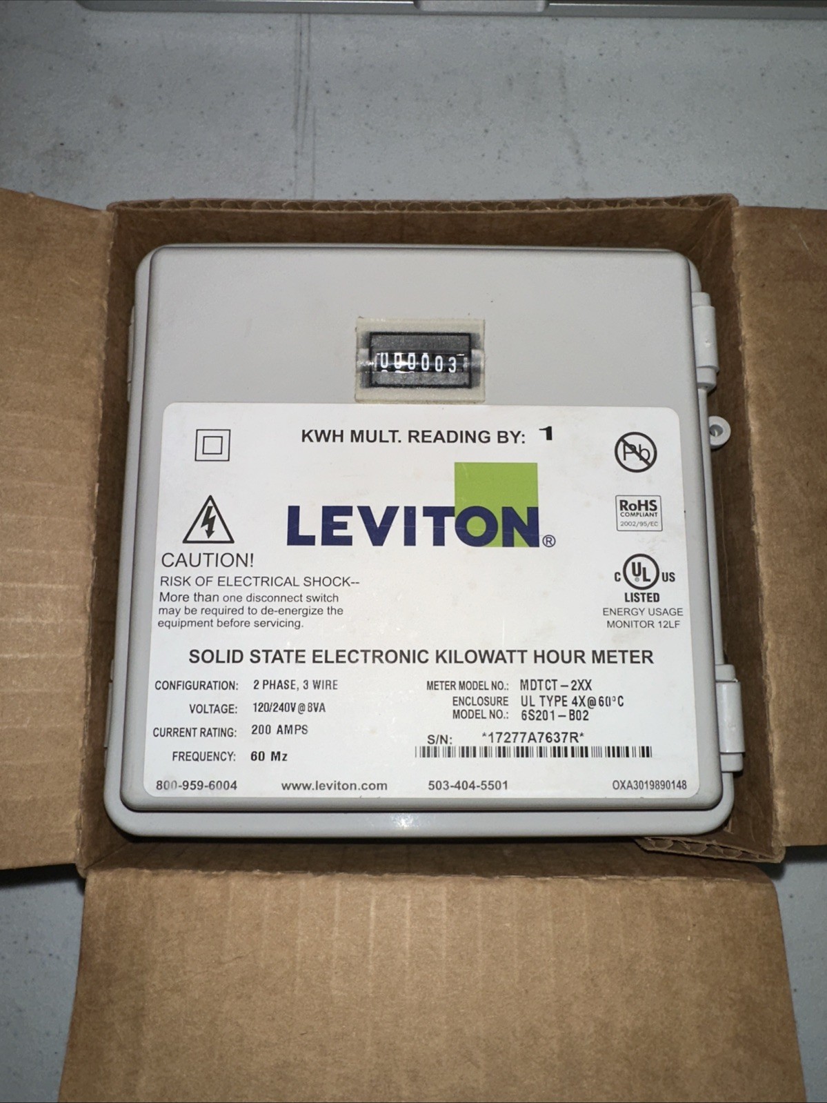 Leviton 6S201-B02 Solid State Electronic Kilowatt Hour Meter