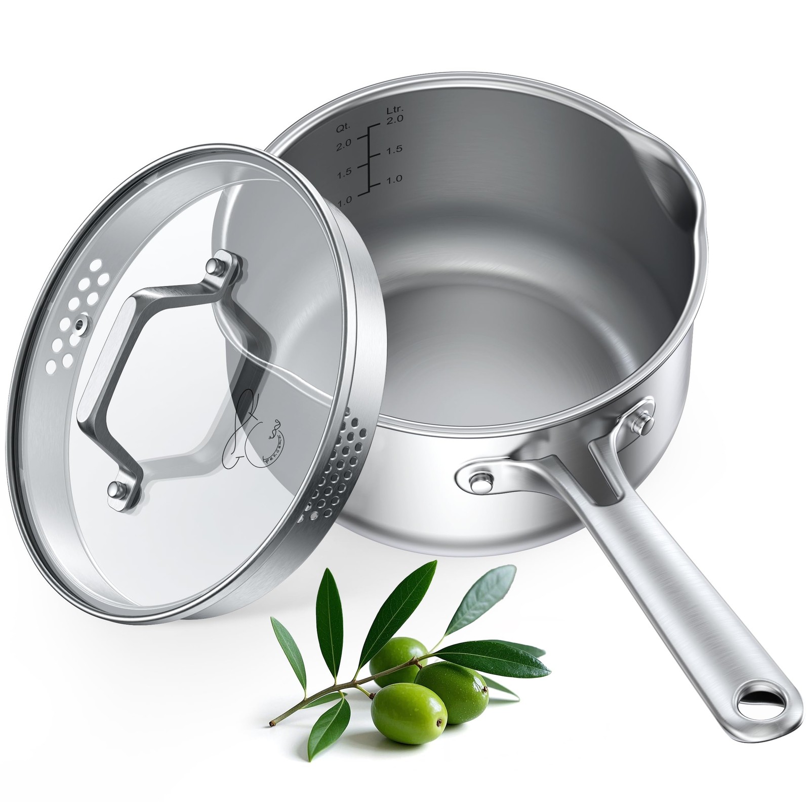 PekGema Stainless Steel Saucepan 2.5 Quart with Quarts,