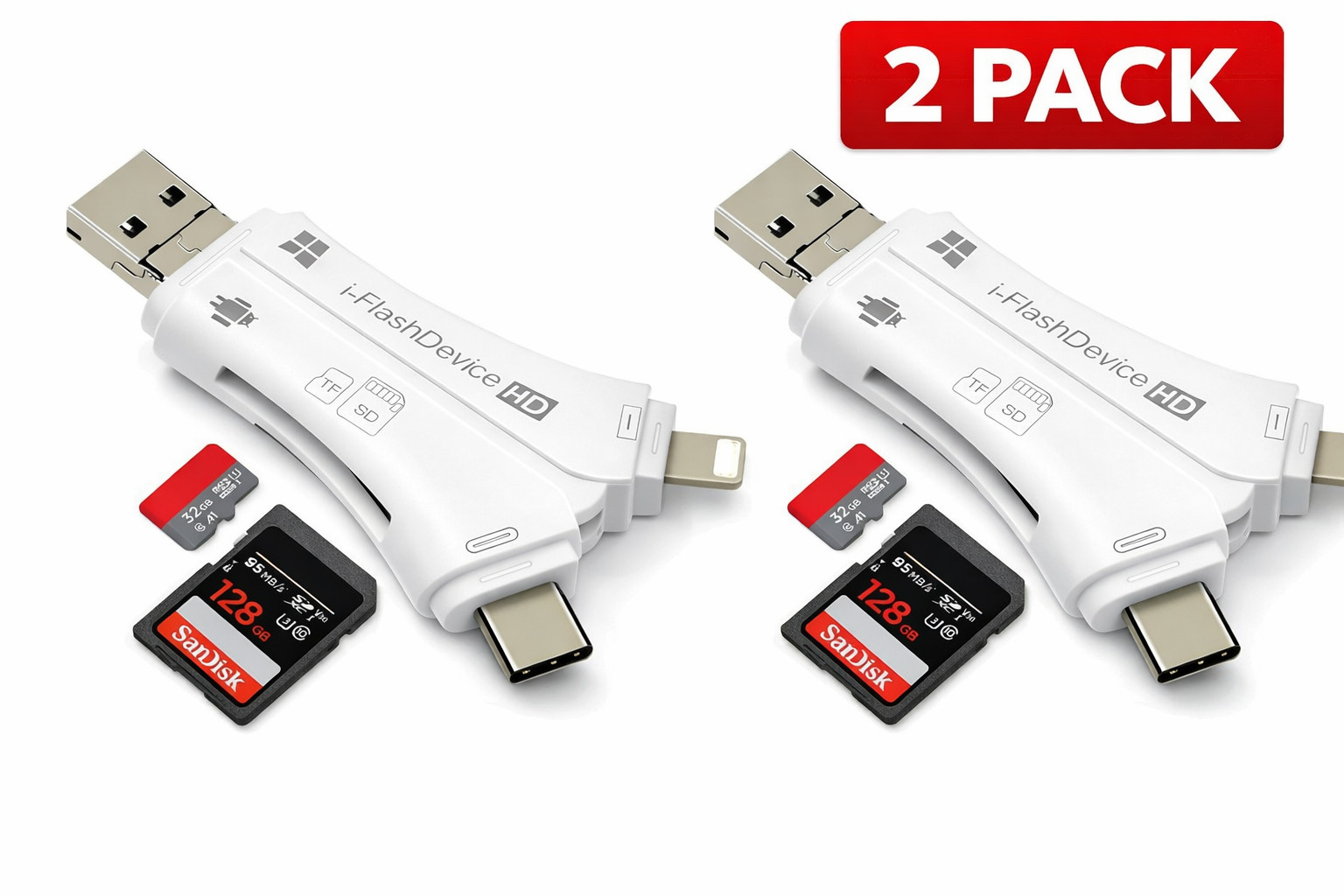 2 Pack 4in1 USB Card Reader iPhone iPad Android SD TF Adapter Lightning