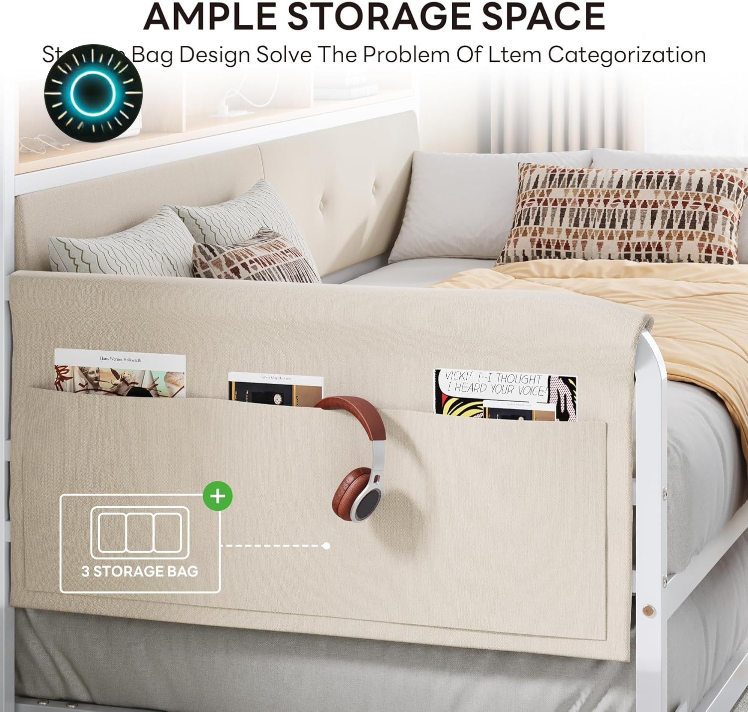 Stylish Twin Daybed with Trundle Upholstered Headboard & Charging Station NEW
