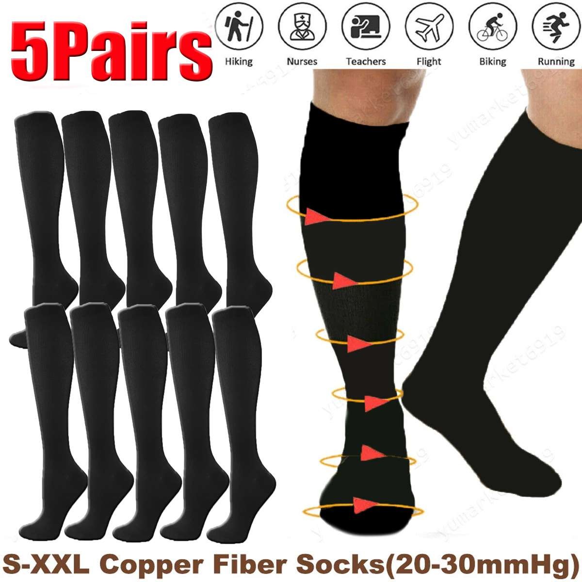 (5 Pairs) Copper Compression 20-30mmHg Graduated Support Socks Mens Womens S-XXL