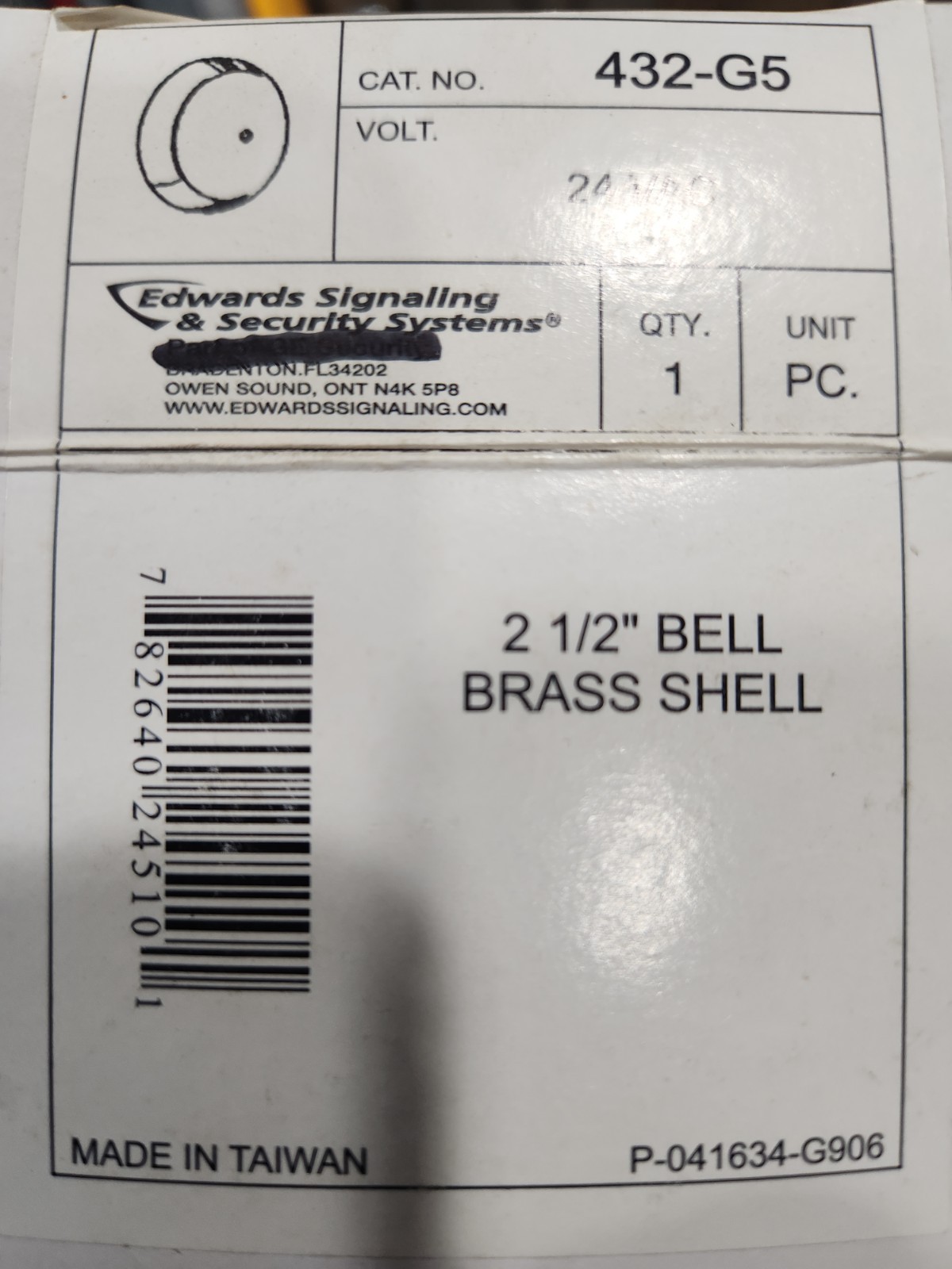 Edwards Signaling 432-G5 24V 2 1/2 Bell Brass Shell