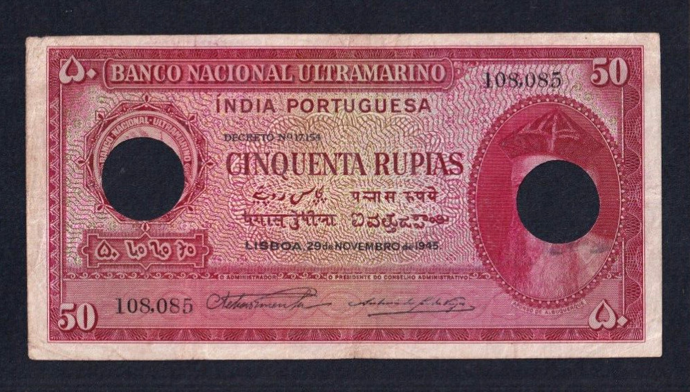 Portuguese India  50 escudos  1945 P-38  cancellations