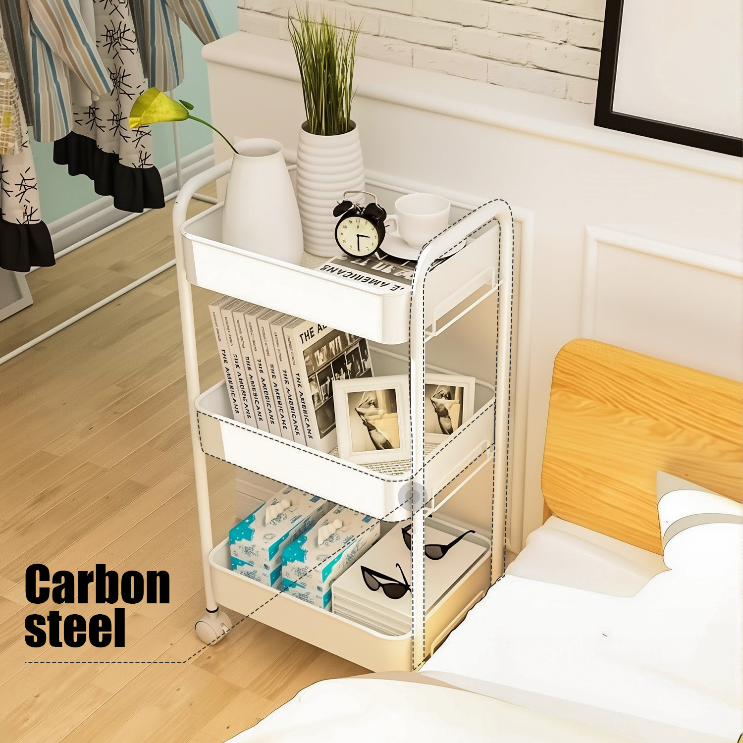 3 Tier Rolling Utility Cart with Wheels Mobile Storage Organizer for Home Office
