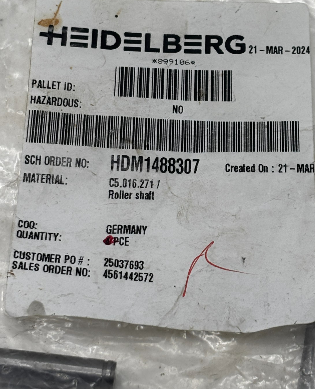 HEIDELBERG ROLLER SHAFT HDM1488307 C5.016.271, C5016271 "FREE SHIPPING" 🎯