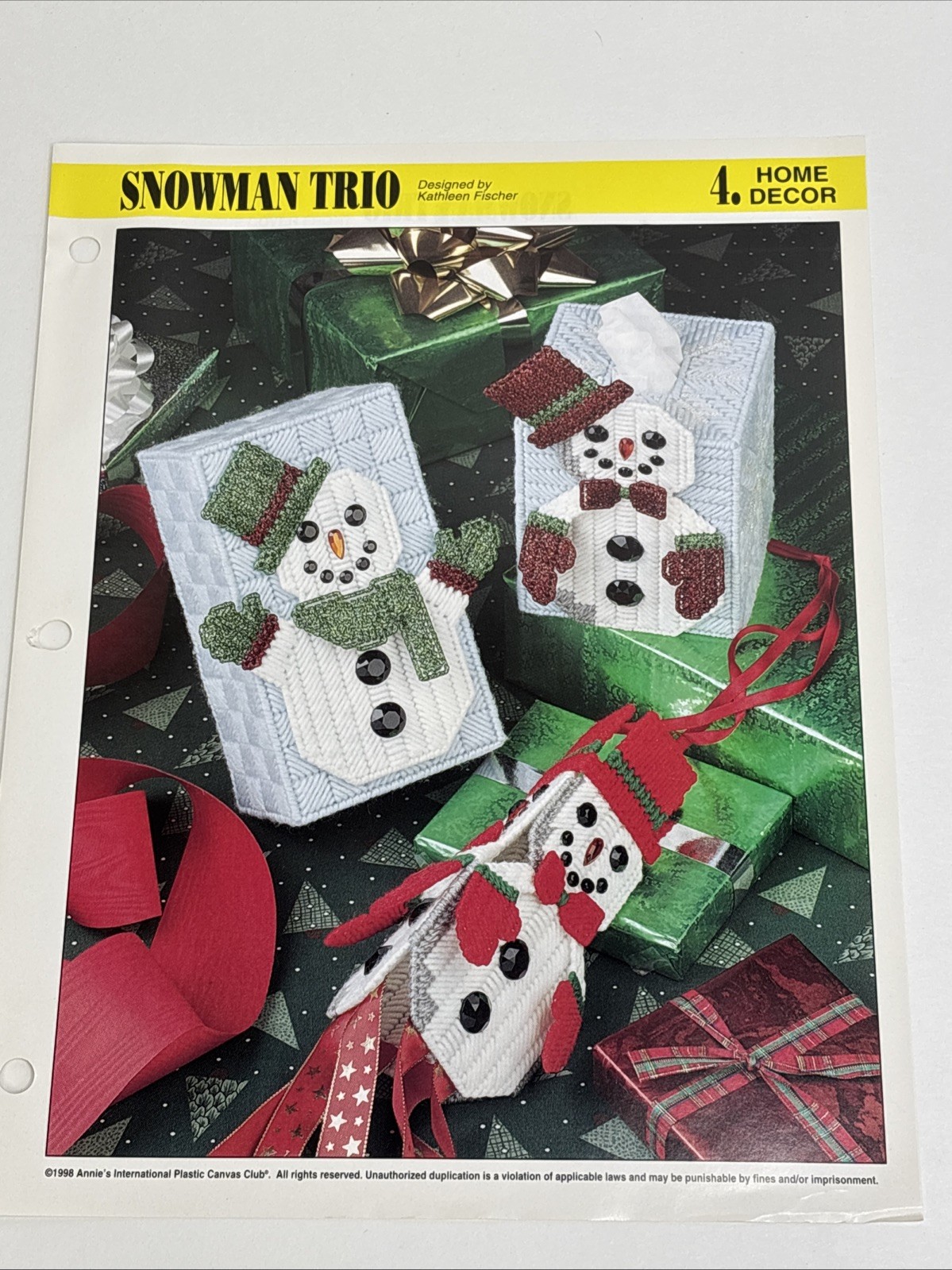 Snowman Trio Doorstop Tissue Cover Annie's Attic Plastic Canvas Pattern Page