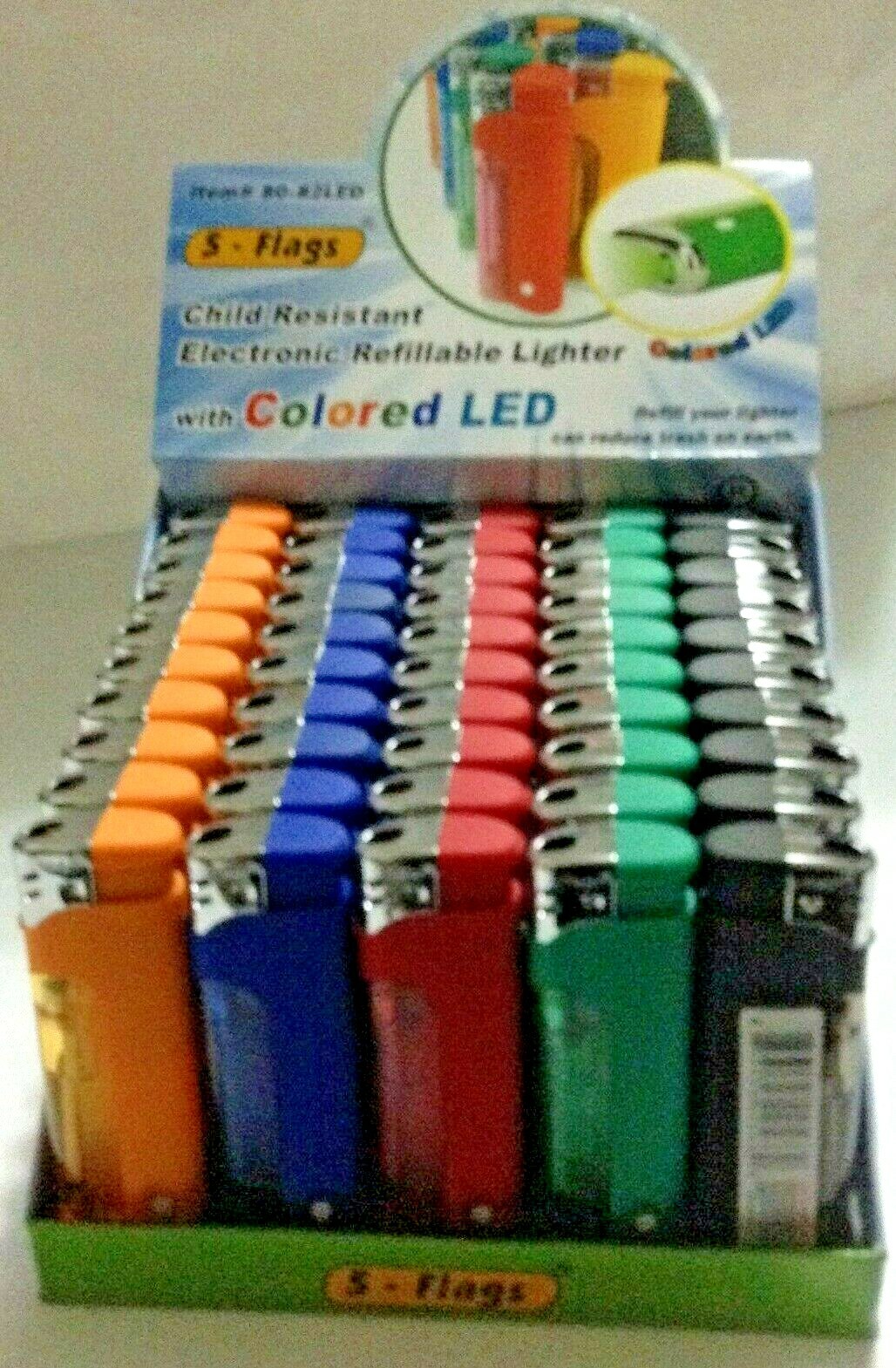 5 Flags LED Lighter Ass. Colors With LED Lighter 50 Pcs Display Box # 80-82 LED