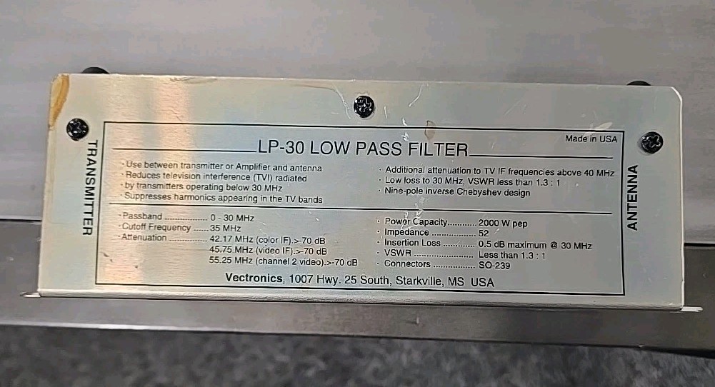 Vectronics LP-30 Low Pass Filter, 0-30 MHz