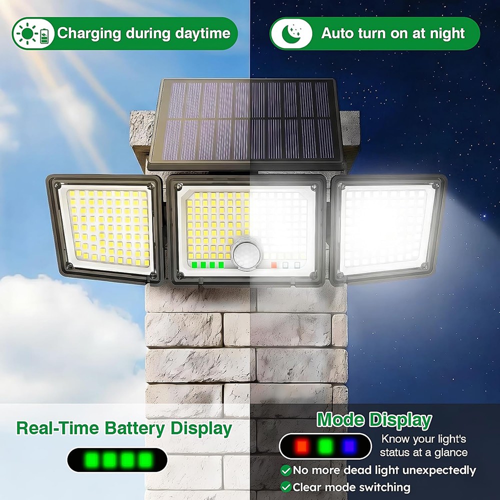 2 Pack Solar Security Light Outdoor 3 head 6500K 3000LM LED Motion Sensor IP65