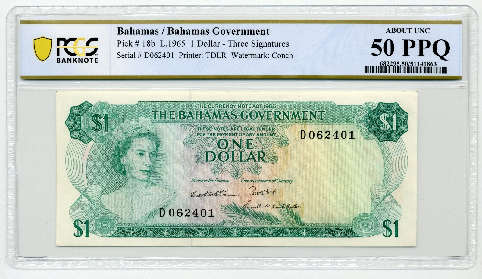 1965 $1 Bahamas, Pick# 18b - PCGS AU50 PPQ, 3 Signatures