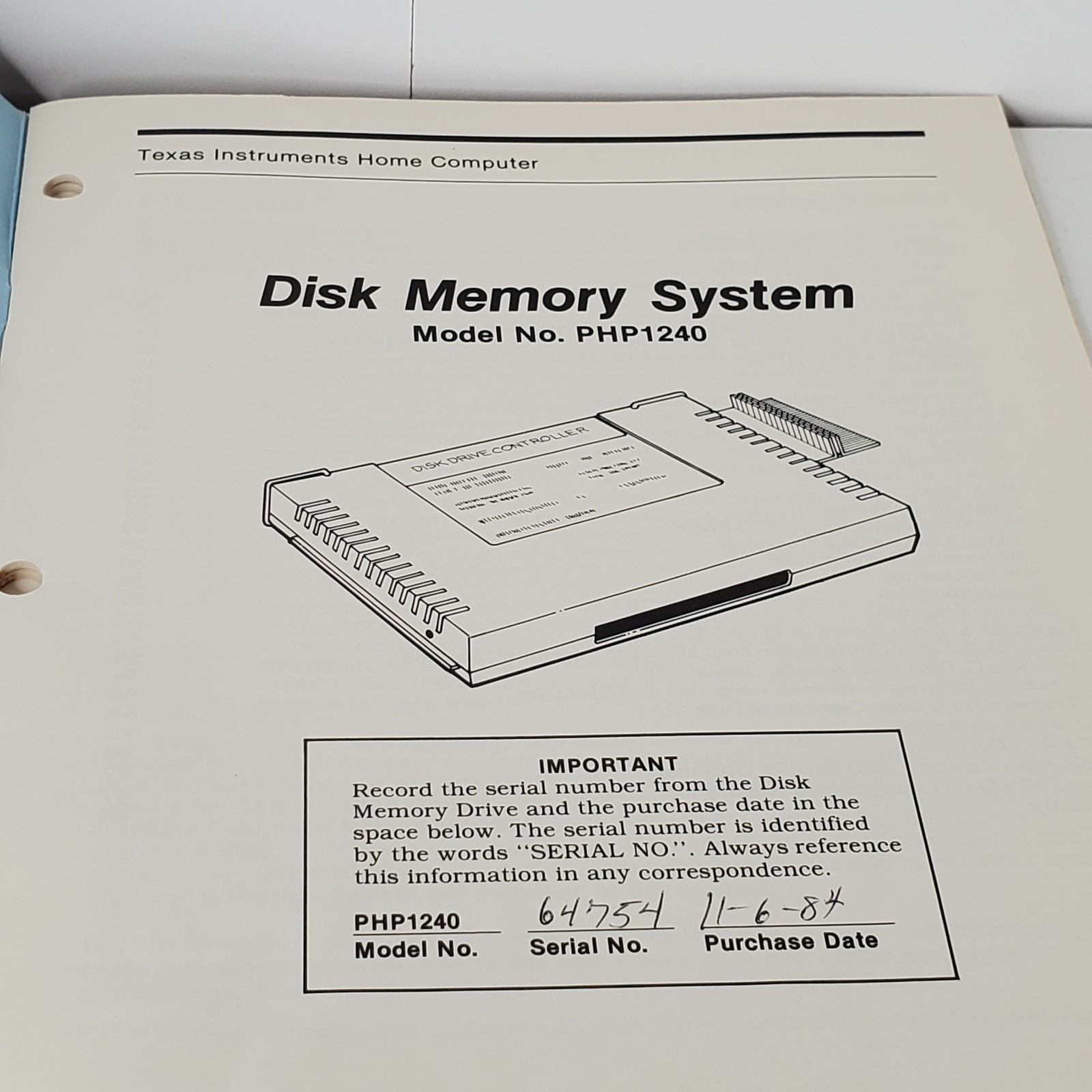 Texas Instruments TI Home Computer PHP1240 Disk Memory System Manual & Addendum