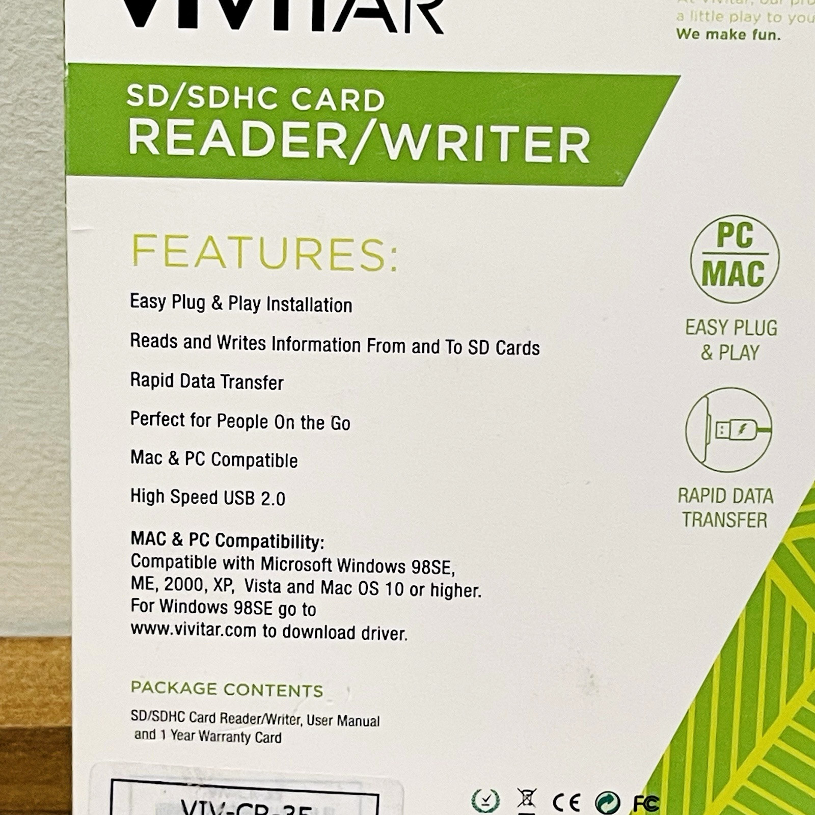 Vivitar Reader Writer SD/SDHC Card Back Up Transfer Copy PC MAC NEW