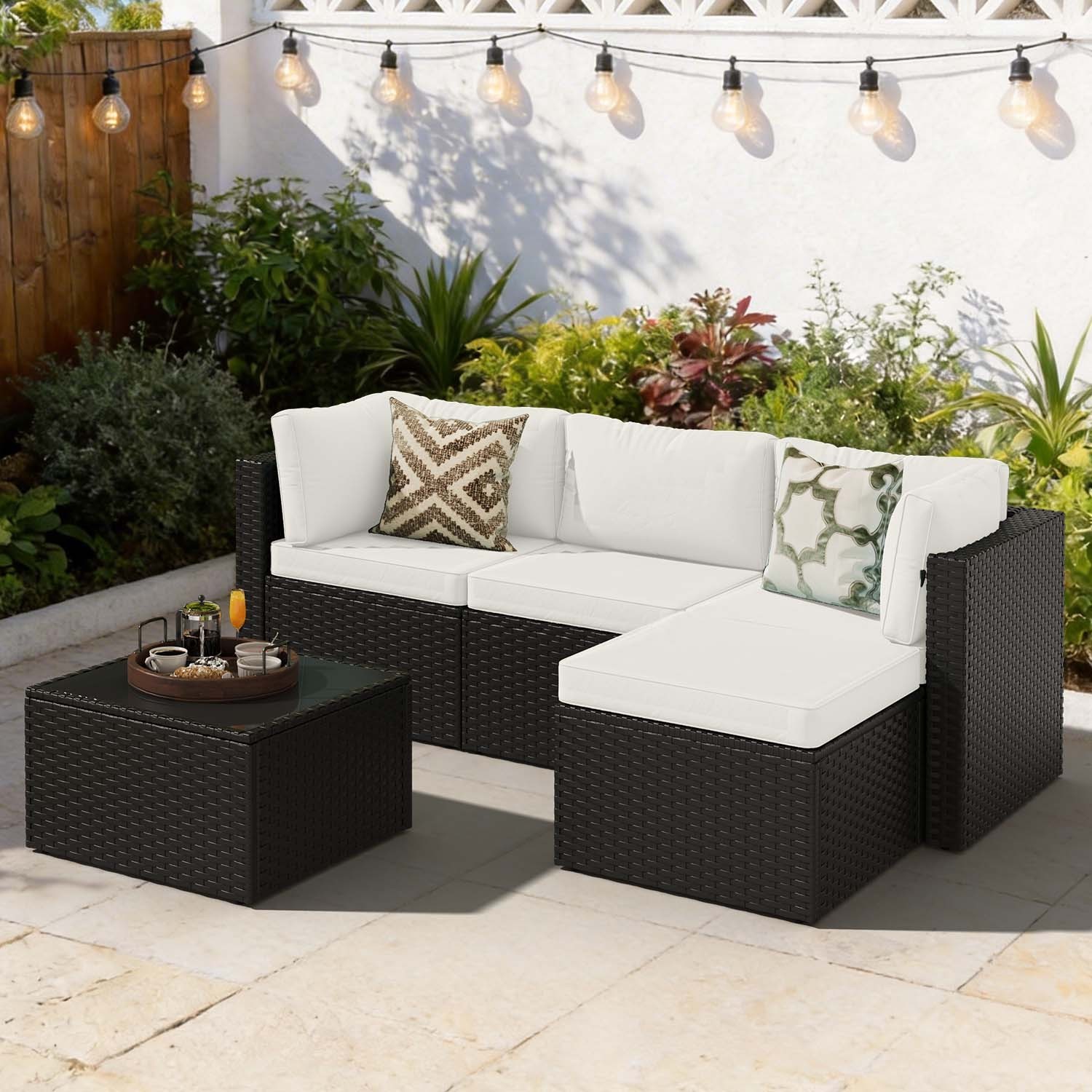 3-Piece Black Rattan Conversation Set Sofa Ottoman Table Cream White