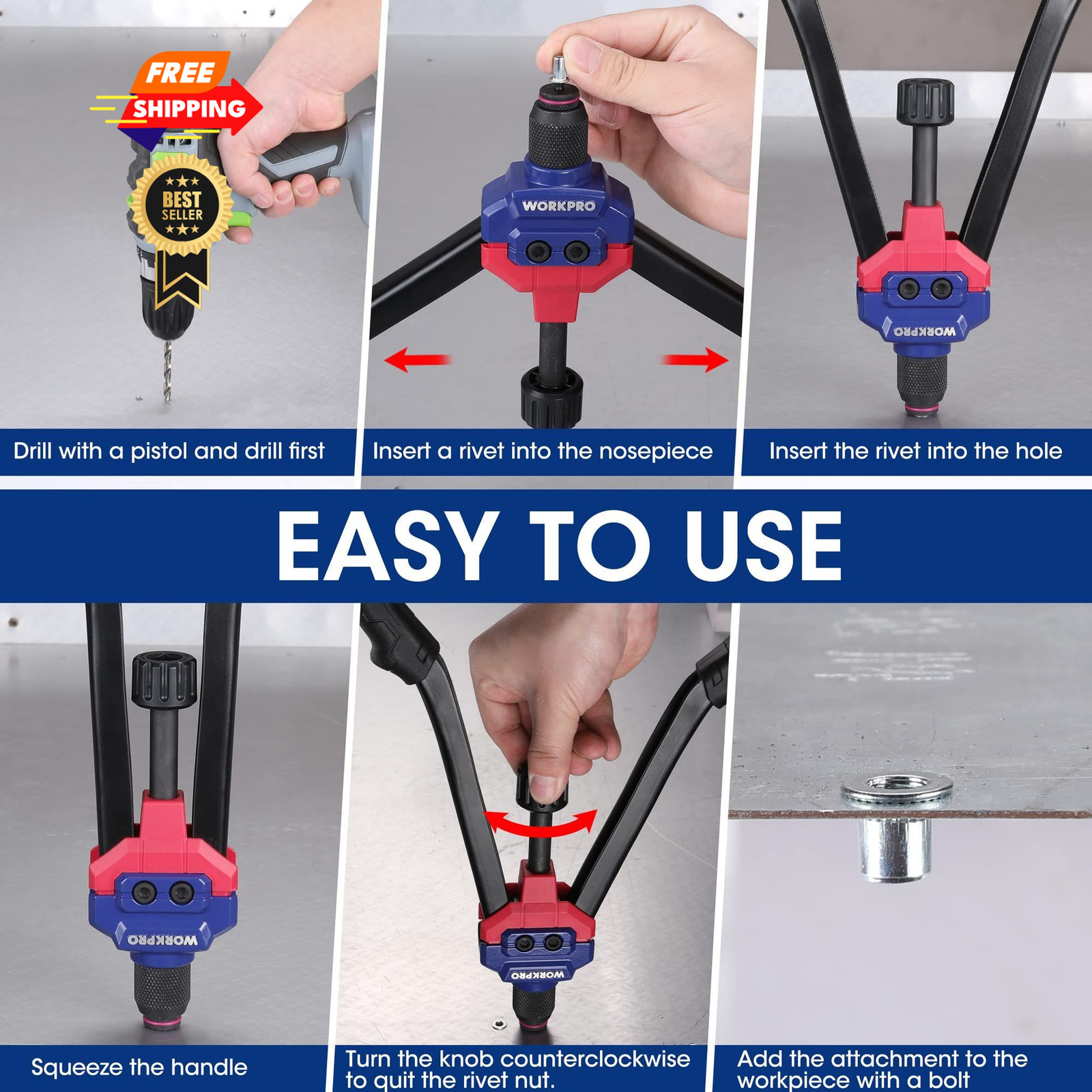 WORKPRO 16" Rivet Nut Tool Kit with Carrying Case Black, Red, Blue
