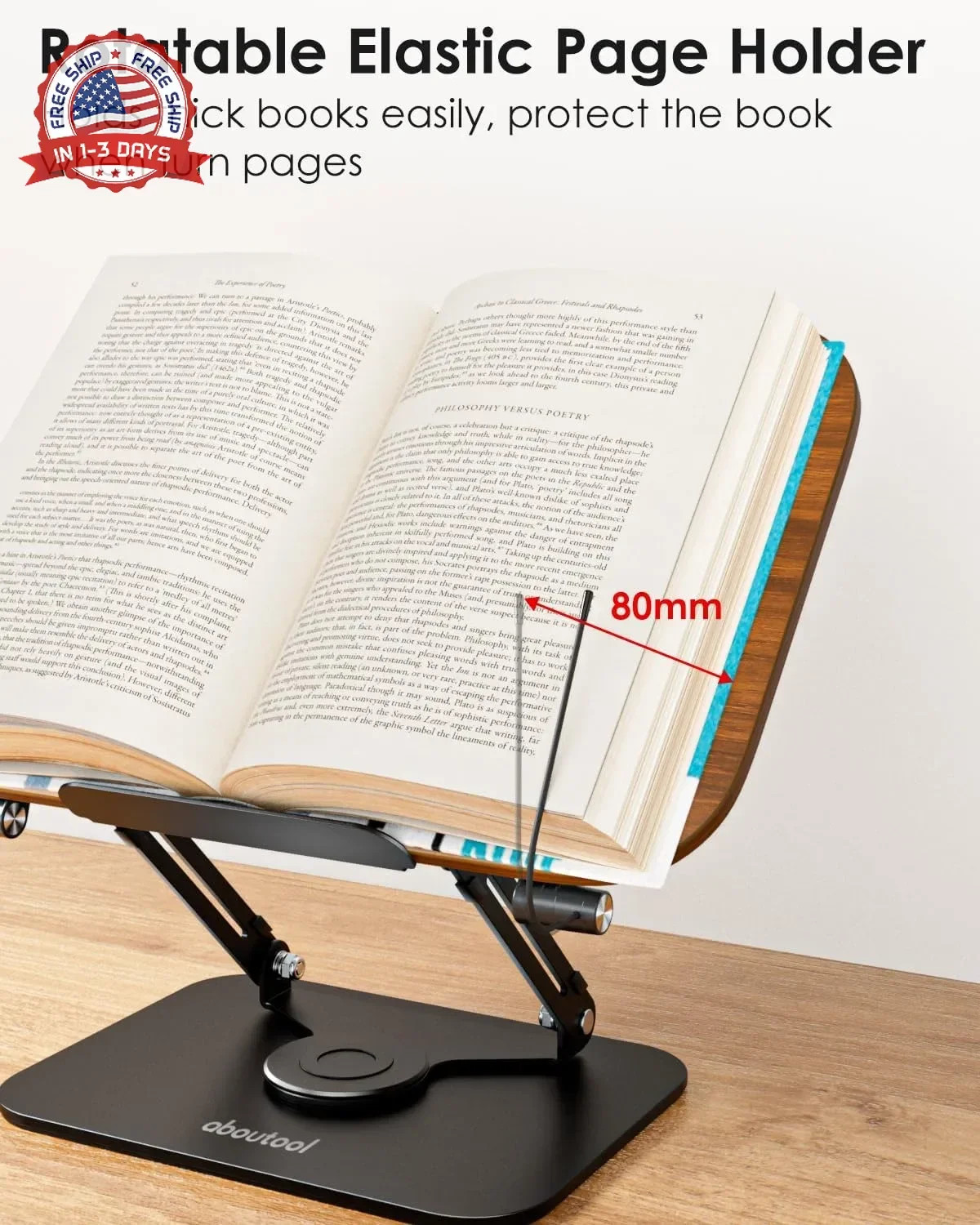 Book Stand for Reading, Adjustable Book Holder with 360° Swivel Base &