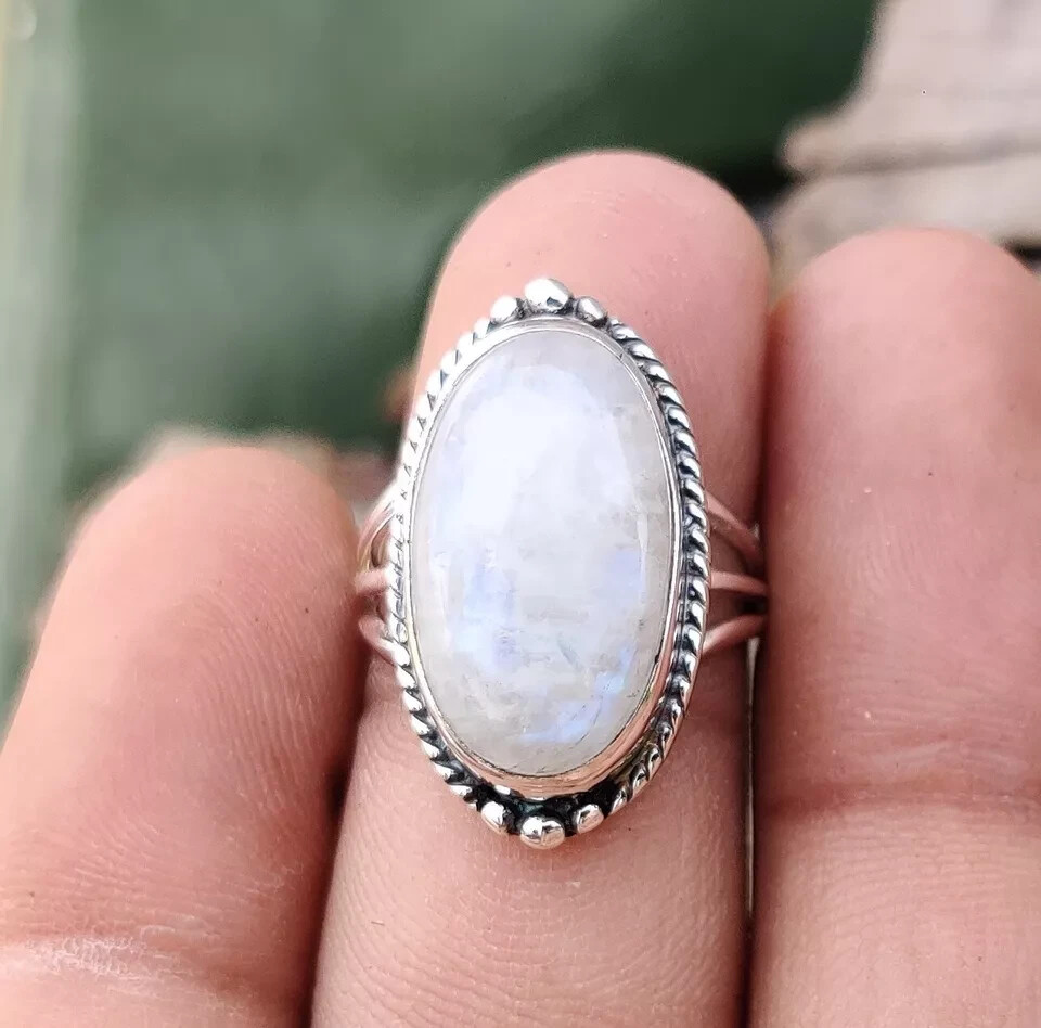 Natural Moonstone Ring Solid 925 Sterling Silver Beautiful Ring All Size MK*