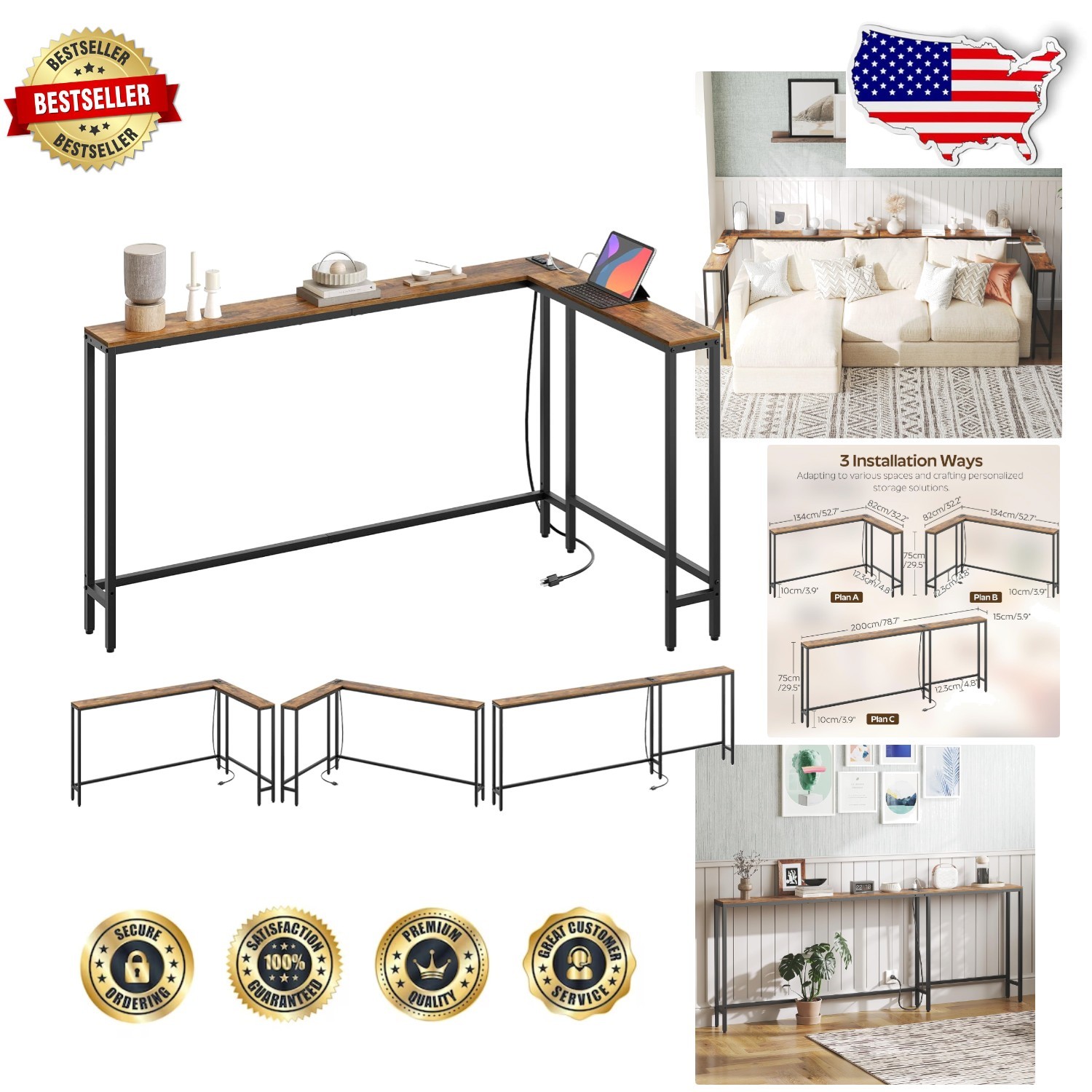 Rustic Brown 78.7" Extra Long Console Table - Built-in Charging Station
