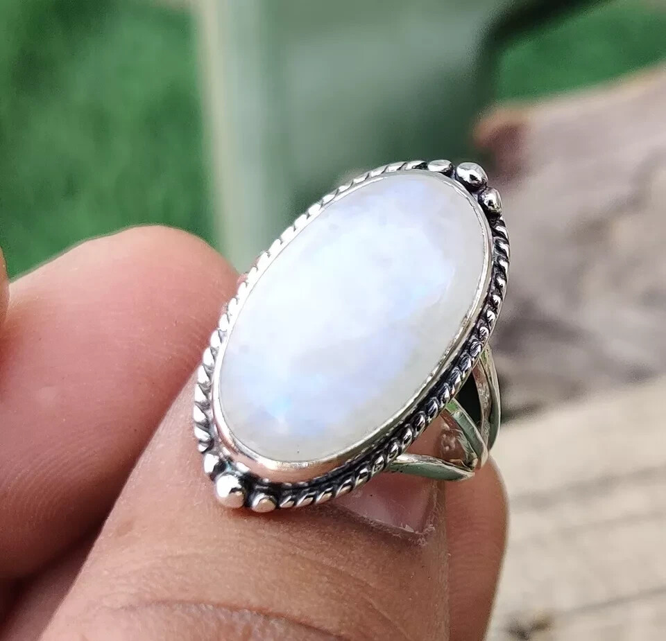 Natural Moonstone Ring Solid 925 Sterling Silver Beautiful Ring All Size MK*