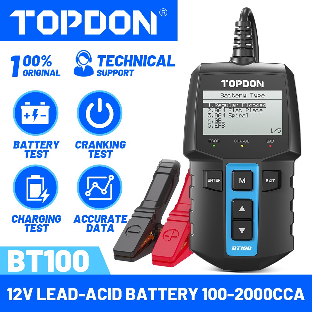 TOPDON BT100 12V Car Battery Load Tester Alternator Cranking System Analyzer