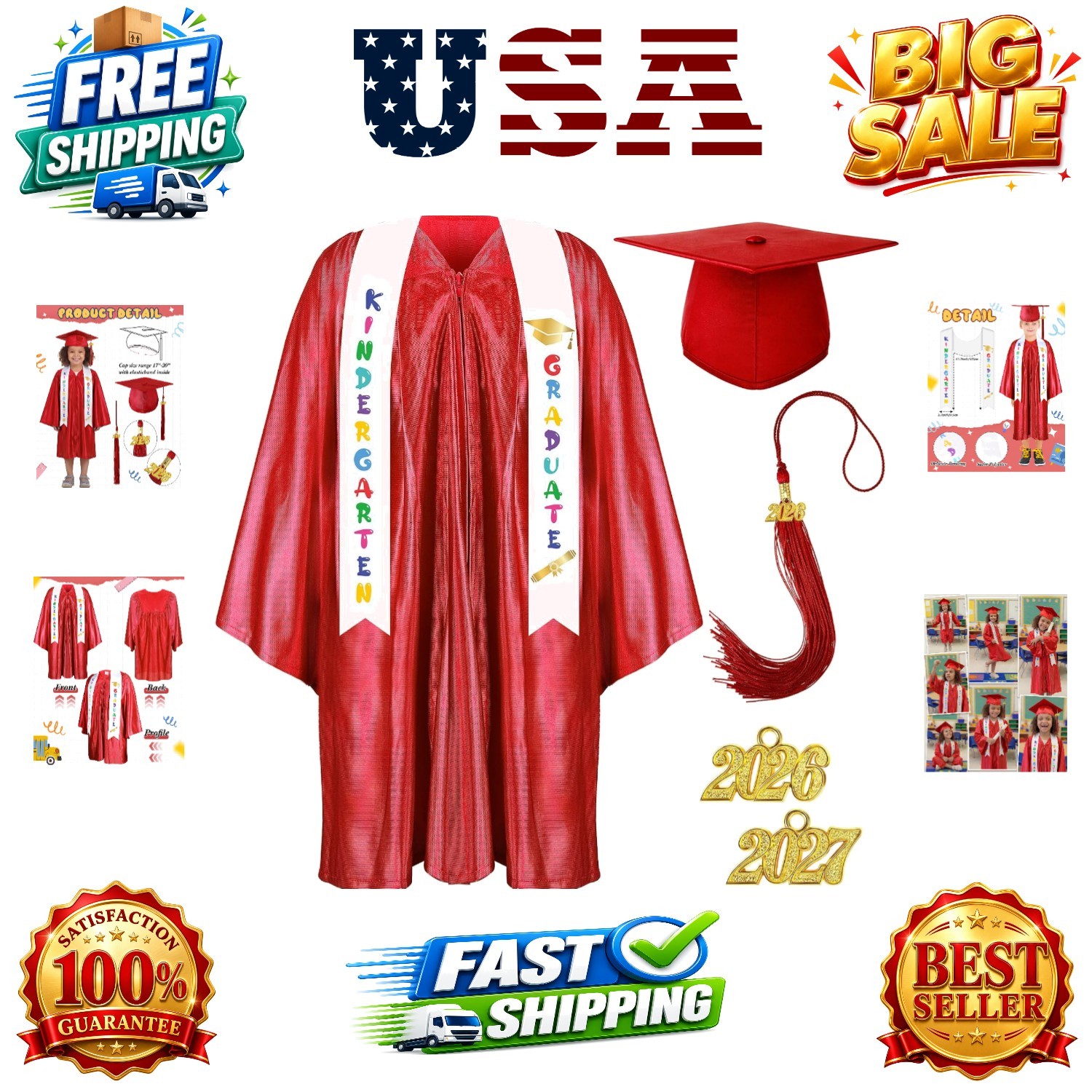 2026  Preschool and Kindergarten Graduation Gown Cap Tassel Set with 2026 Cha...