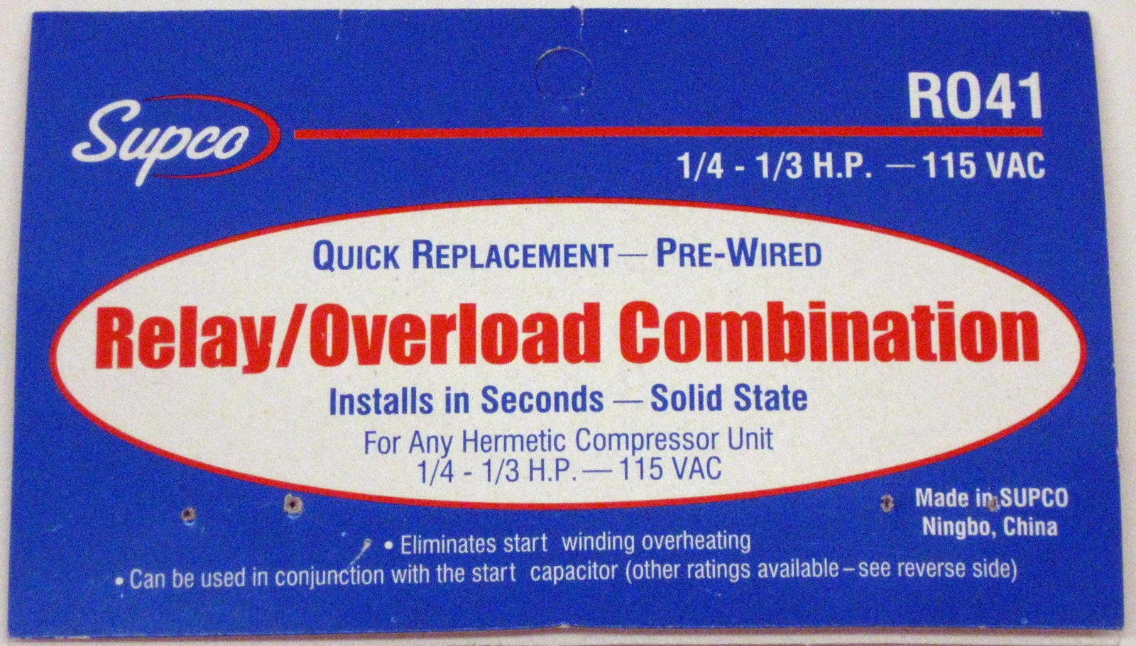 R041 SUPCO Refrigerator Relay Overload FOR 1/4 - 1/3 hp Compressors 115 Volts