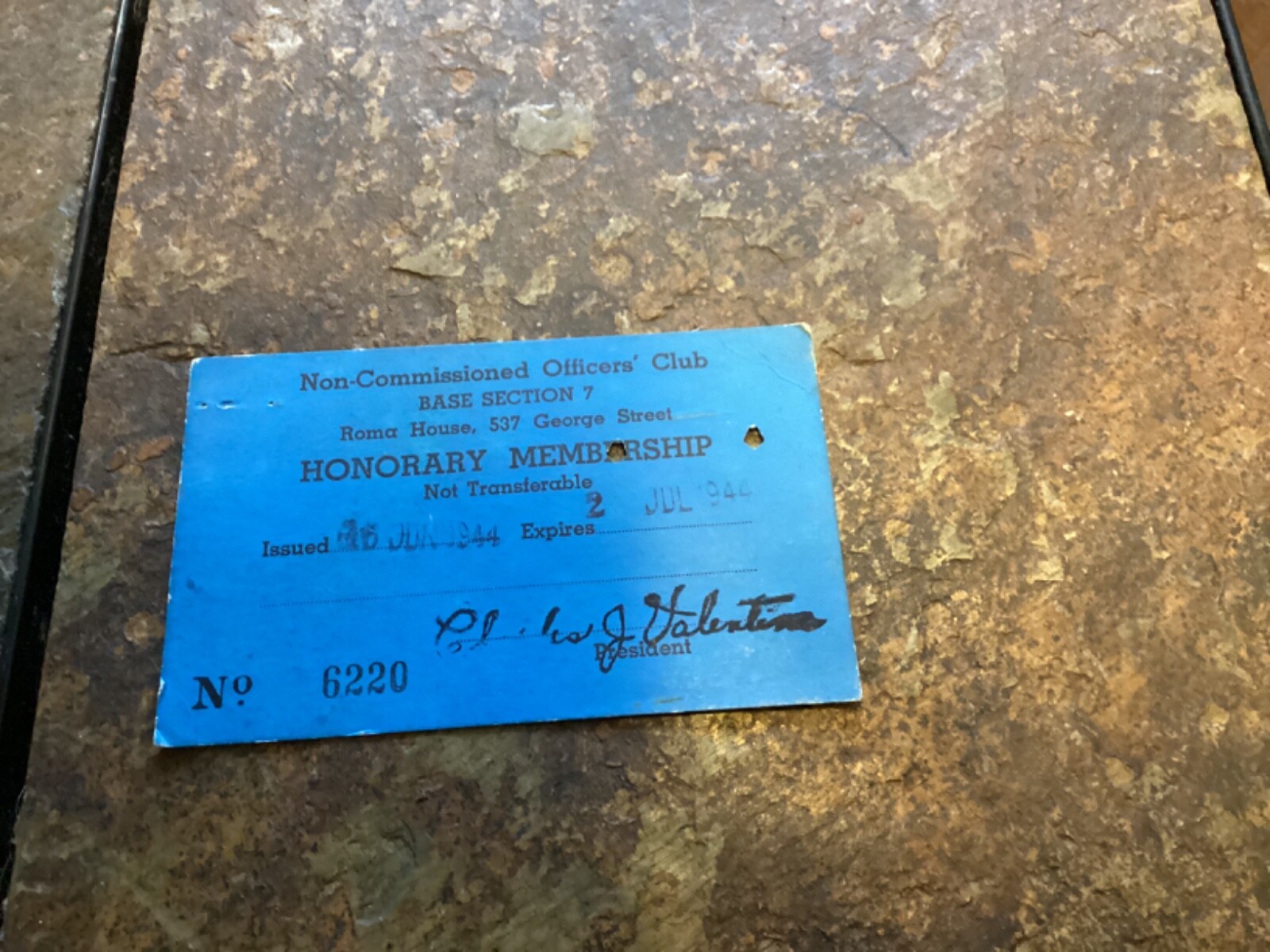 1944 Non-Commissioned Officers' Club Honorary Member Card, Base 7, Roma House