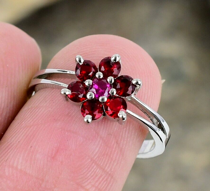 Red Garnet & Pink Topaz Ring 925 Sterling Silver Ring For Women Wedding Gift