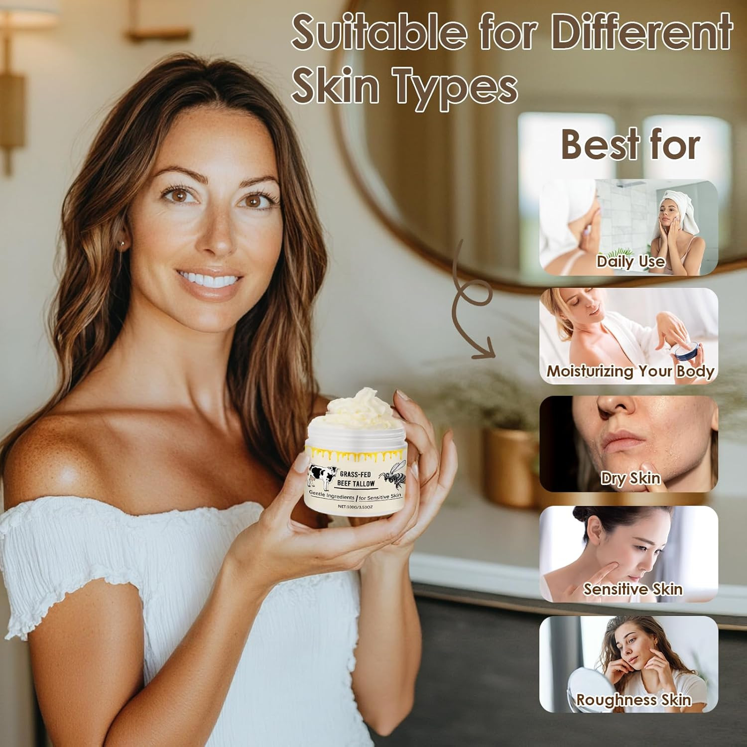 2 Pack Whipped Beef Tallow for Skin Organic Grass Fed Honey Moisturizer