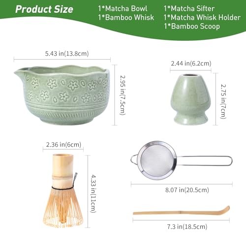 Matcha Whisk Set,5 Pcs Matcha Kit includes 18OZ Ceramic Bowl with Spout,Bamboo