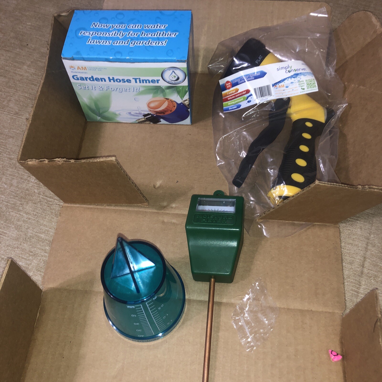 AM Garden Timer, Soil Moisture Meter, Deluxe Water Hose Nozzle & Rain Gage