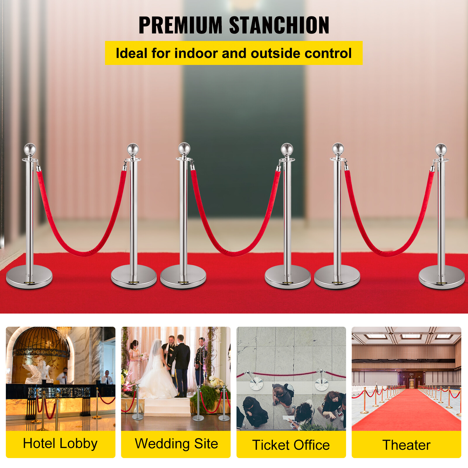 6PCS Silver Stanchion Posts Queue Crowd Control Barrier with 3 Velvet Ropes