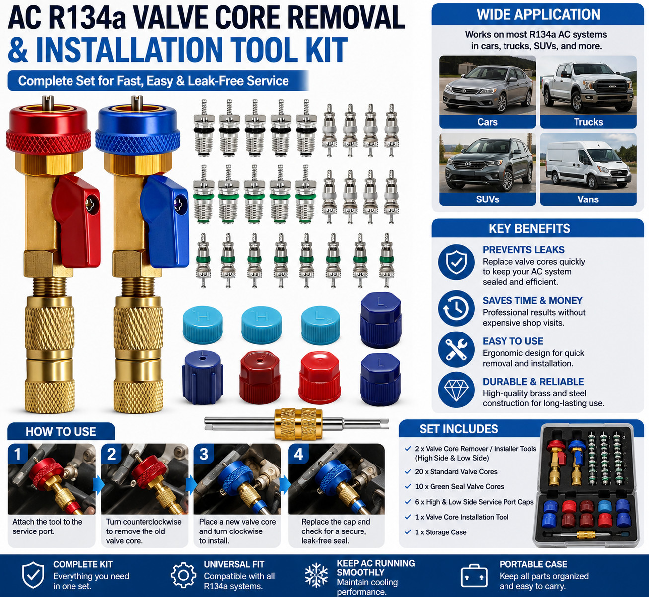 R134A Valve Core Quick Remover Installer Tool Kit - High Low Pressure Car A/C