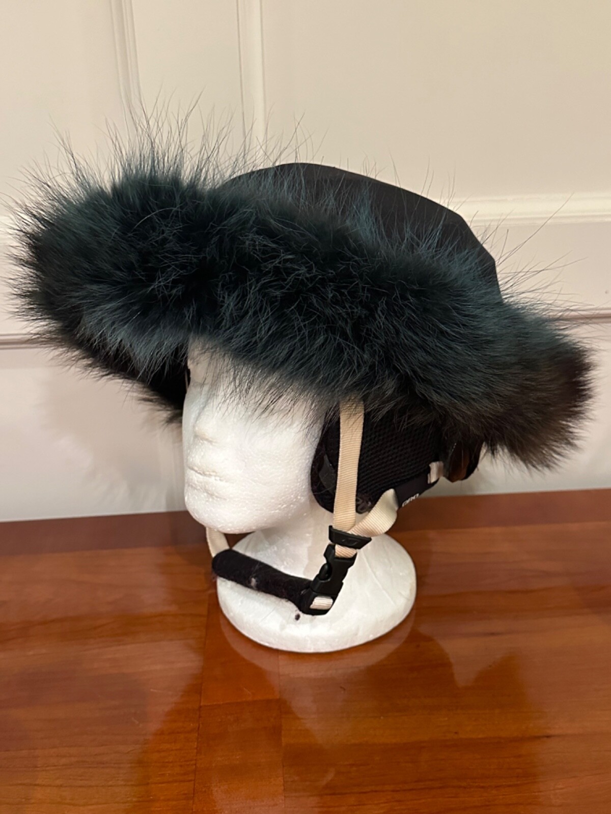 Green recycled fox fur ski helmet covers band